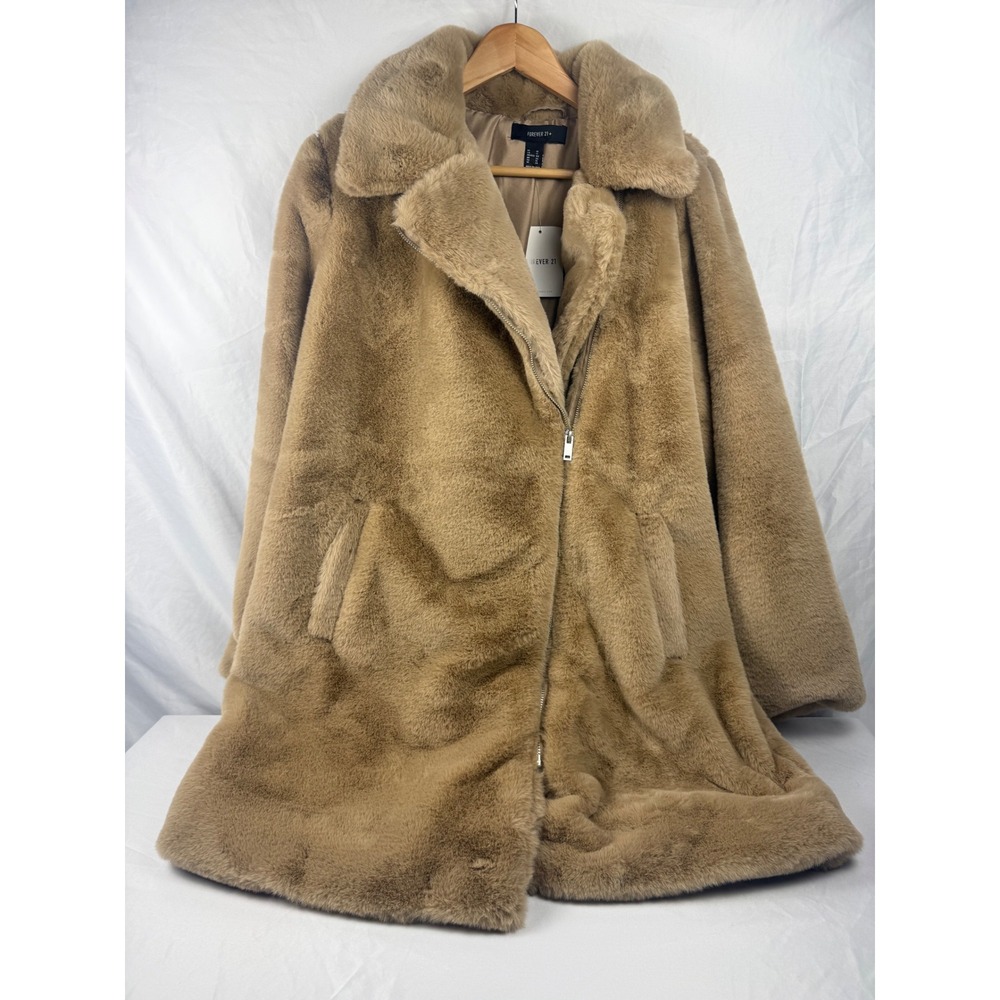 NWT Forever 21 Plus Size‎ 1X Camel Teddy Faux Fur Coat Oversized Plush Jacket